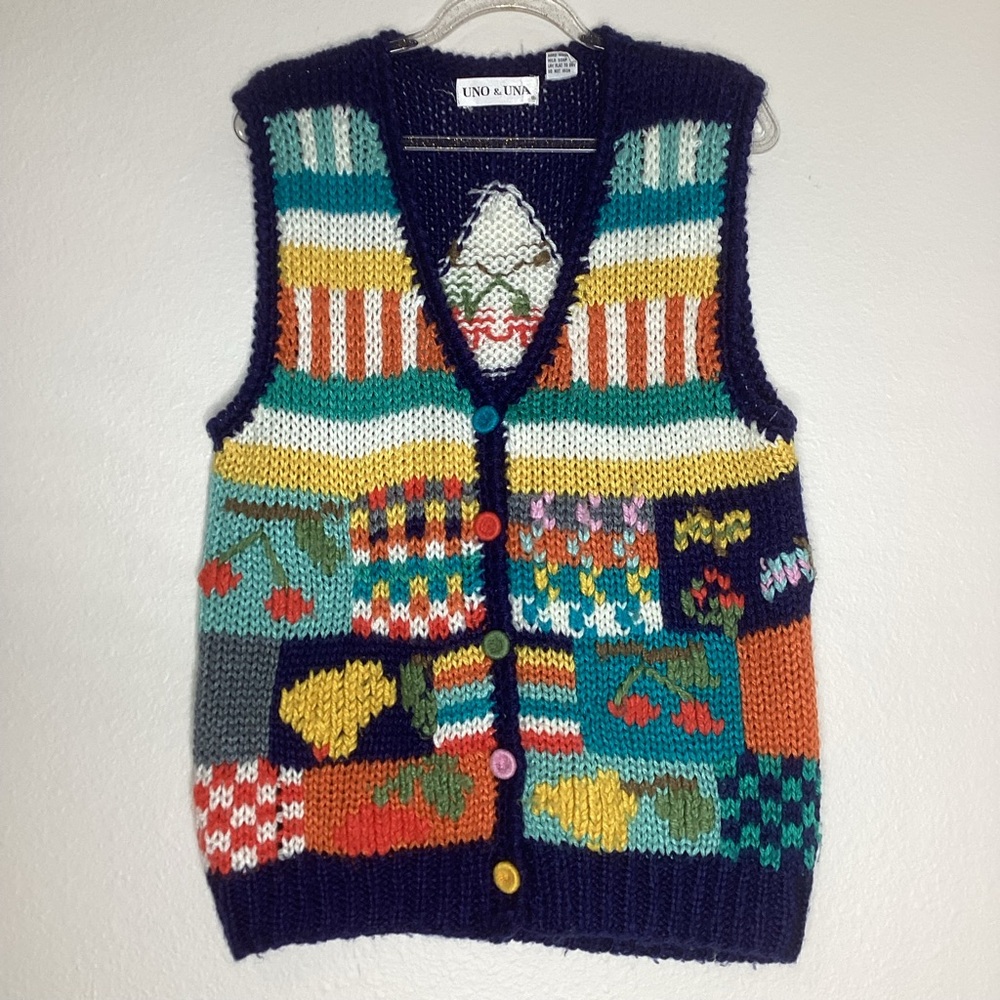 Vintage Knit Patchwork Sweater Vest Cherries Sm
